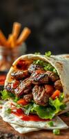 Delicious wrap filled with grilled meat and fresh vegetables served with sauce photo