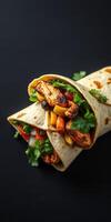 Deliciously wrapped chicken burrito filled with fresh vegetables and herbs served on a dark background photo