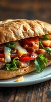 Delicious sandwich filled with grilled meat, fresh vegetables, and melted cheese served on a rustic wooden table photo
