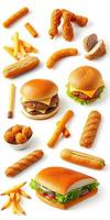 Variety of fast food items arranged artistically on a clean white backdrop for culinary display photo