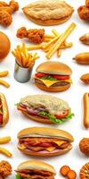 Delicious assortment of fast food items including burgers, fries, and chicken pieces on a white background photo