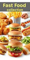 Fast food collection showcasing various dishes such as burgers, fries, and chicken at a casual dining setting photo