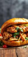 Crispy chicken sandwich loaded with fresh vegetables served on a wooden table photo