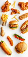Delicious assortment of fried food and burgers arranged on a bright surface for a tempting display photo