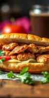 Delicious grilled chicken sandwich packed with flavor and fresh ingredients on rustic wooden table photo