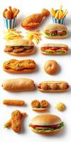 Assorted fast food items including chicken, fries, and sandwiches arranged on a white background photo