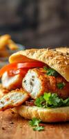 Delicious sandwich with grilled chicken, fresh tomatoes, and herbs served on a sesame seed bun photo