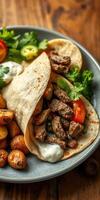 Delicious taco served with grilled beef, fresh vegetables, and seasoned potatoes on a wooden table photo