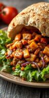 Delicious vegetarian sandwich loaded with fresh vegetables and savory sauce served on a rustic wooden table photo