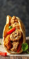 Flavorful wrap filled with spiced meat and fresh vegetables served on a rustic wooden background photo