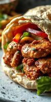Savory grilled meat wrapped in warm flatbread with fresh vegetables and herbs for a delicious meal photo