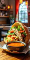 Delicious sandwich with fresh vegetables and soup served in a cozy cafe setting photo