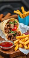 Delicious beef wrap served with crispy fries and sauce on a wooden table photo