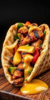 Grilled chicken wrap with fresh vegetables and sauce served on a wooden surface photo