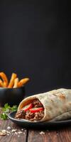 Delicious wrap filled with savory meat and fresh vegetables served with crispy fries in a cozy setting photo