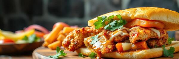 Crispy chicken sandwich served with fries and fresh toppings in a cozy eatery setting during lunchtime photo