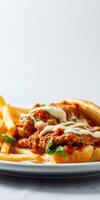 Delicious spicy chicken sandwich served with crispy fries on a white plate for a satisfying meal photo