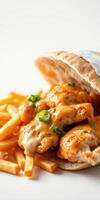 Mouthwatering fried chicken with cheese and fries served in a pita pocket on a plain background photo