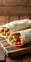 Delicious chicken wraps on a wooden cutting board with fresh ingredients and vibrant colors photo