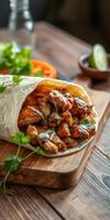 Tasty wrap filled with grilled chicken and fresh ingredients on a wooden surface photo