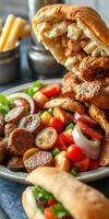 Delicious platter of grilled meats and fresh vegetables at a bustling restaurant during lunchtime photo
