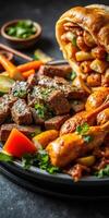 Delicious grilled meat platter with seasoned vegetables and flavorful sides served in a cozy dining setting photo