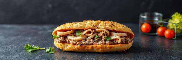 Freshly made sandwich with assorted meats and vegetables on a dark textured surface photo
