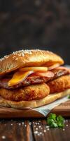 Savory chicken sandwich with melted cheese and crispy bacon on a wooden serving board photo