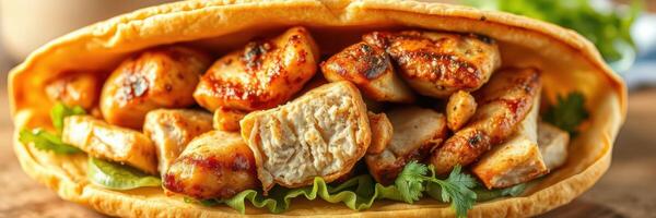 Grilled chicken wrapped in flatbread with fresh greens served on a wooden table photo