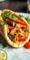 Delicious wrap filled with grilled chicken, colorful vegetables, and noodles served on a plate photo