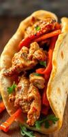 Delicious grilled chicken wrap with fresh vegetables served on a wooden plate at a casual dining setting photo