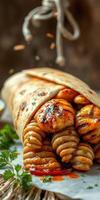 Delicious wrap filled with grilled chicken and pasta served with fresh herbs and spices photo