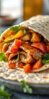 Delicious chicken fajita wrap with fresh vegetables and herbs ready to enjoy at a dining table photo