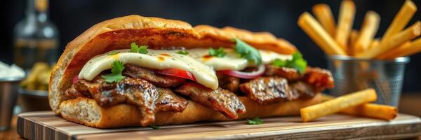 Savory sandwich with marinated meat, fresh toppings, and crispy fries on a wooden platter in a stylish setting photo