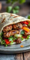 Grilled meat wrap filled with fresh vegetables and herbs on a rustic plate photo