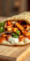 Delicious wrap filled with grilled chicken, vegetables, and sauce served on a wooden board photo