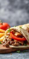 Grilled meat wrap with fresh vegetables and sauce served on a wooden board photo