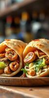 Delicious wraps filled with grilled chicken, fresh vegetables, and savory spices served on a wooden plate photo