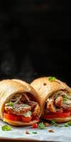 Delicious wraps filled with crispy chicken, fresh vegetables, and flavorful sauce on a dark background photo