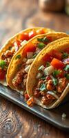 Delicious tacos filled with seasoned meat, fresh vegetables, and herbs served on a wooden table photo
