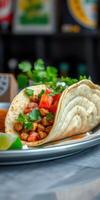 Delicious taco filled with savory beans, fresh cilantro, and vibrant tomatoes served on a silver plate photo