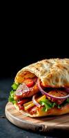 Delicious grilled chicken sandwich with fresh vegetables served on a wooden board against a dark background photo
