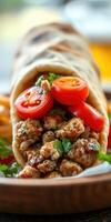 Tasty wrap filled with seasoned meat, fresh tomatoes, and herbs served on a wooden plate photo