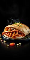 Grilled chicken sandwich with spicy sauce served on a black plate with garnishes photo