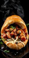 Deliciously crafted sandwich filled with tender meat and fresh toppings served on a dark background photo