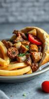 Delicious savory grilled meat with vegetables served in warm pita accompanied by crispy fries photo