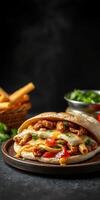 Delicious pita bread filled with grilled chicken, vegetables, and cheese served in a cozy setting photo