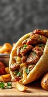 Delicious gyro filled with tender meat and fresh toppings served with fries and vegetables on a wooden table photo