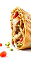 Delicious chicken wrap filled with fresh vegetables and sauce on a white background photo