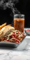 Spicy chicken sandwich with fries and beverage served on a silver tray photo